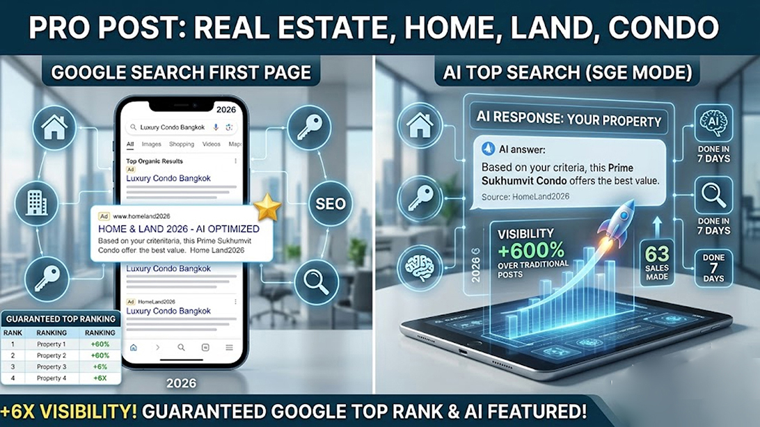 ประกาศ โฆษณา รับประกาศขายบ้าน โพสต์บ้านที่ดิน ไม่มีค่านายหน้า ติดกูเกิลและAI โฆษณาขายอสังหา